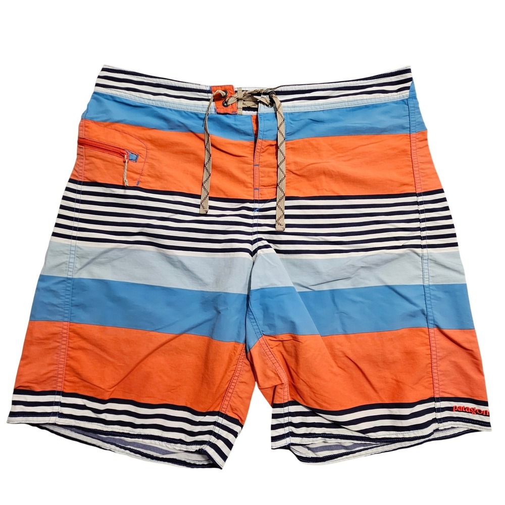 Patagonia Board Shorts Mens 36 Blue Orange Striped Nylon Swim Trunks 86630